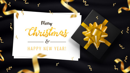 Merry Christmas and Happy New Year horizontal banner. Holiday background with bokeh effect, two white sheets and falling gold ribbons. Vector illustration with golden confetti and realistic gift box.