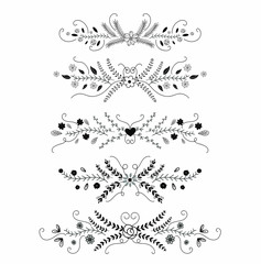 Ornaments with flowers and leaves Vector. Collection with hand drawn borders in sketches style. Borders and Dividers vector. Set Floral and abstract dividers. Illustrations ornaments