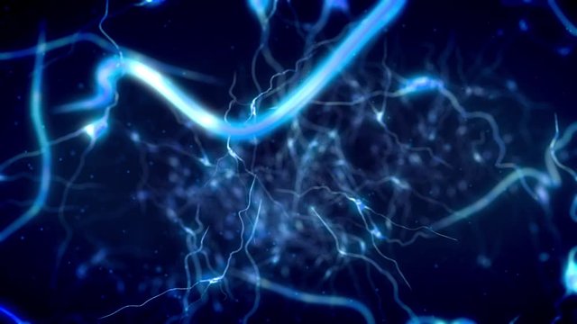 Fly through a neuron cell network inside the brain with electric impulses passes by it.