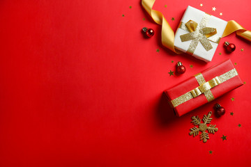 Christmas mood concept. Layout composition with traditional festive attributes, presents in vintage style wrapping. Winter holidays season. Background, copy space, close up, top view, flat lay.