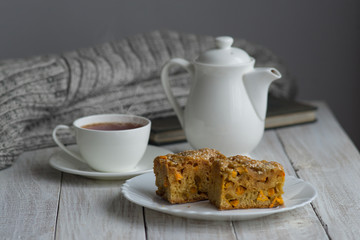 cake and a cup of hot tea