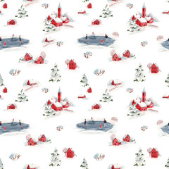 Watercolor vector seamless pattern winter snowy christmas time red house town landscape fir trees