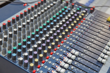 Picture of Musical amplifier Sound amplifier or Music mixer with Knobs, Jack holes and Mic connectors . The part of Musical amplifier Sound amplifier or Music mixer with Knobs and Jack holes .