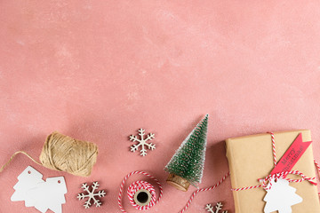 Christmas mood concept. Layout composition with traditional festive attributes, presents in vintage style wrapping. Winter holidays season. Background, copy space, close up, top view, flat lay.