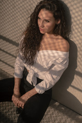 Fototapeta premium Woman portrait Santa Monica sunset