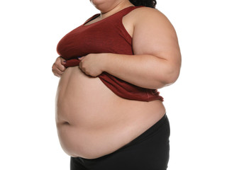 Overweight woman posing on white background, closeup