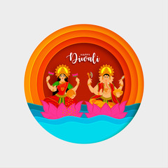 Creative papercut traditional indian  background with vector illustration of goddess laxmi and lord ganesha  on the occasion of festival of lights Diwali. Happy Diwali.
