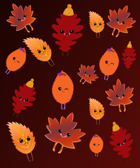 Illustration of different leaves with cute faces on a brown background for autumn