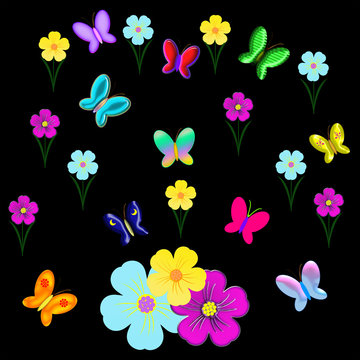 Illustration background of colorful butterflies and flowers on a black background