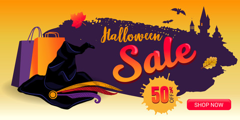 Halloween Sale web banner with witch hat, shop bags, autumn leaves, discount and silhouette of castle on background. Vector elements for web banner, flyer, cards, coupon and poster design.