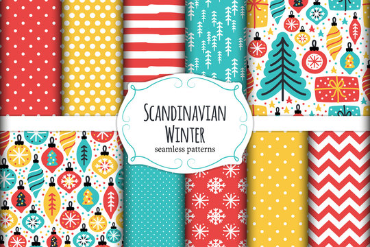 Cute Scandinavian Winter hand drawn seamless patterns set