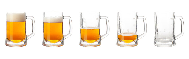Steps of discharge glass of beer on white background. Drinking beer process