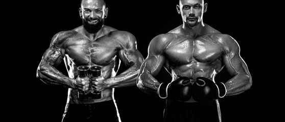 Fototapeta na wymiar Strong and fit men bodybuilders. Sporty muscular guys with dumbbells and boxing gloves. Sport and fitness motivation. Individual sports recreation.