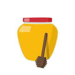 Glass jar full of honey and stick dipper on white background. Vector illustration.