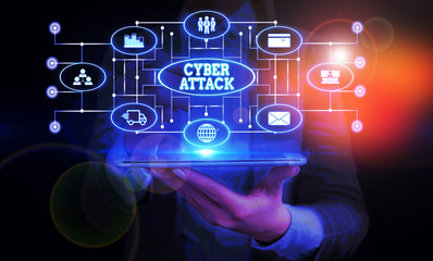 Conceptual hand writing showing Cyber Attack. Concept meaning An attempt by hackers to Damage Destroy a Computer System Woman wear work suit presenting presentation smart device