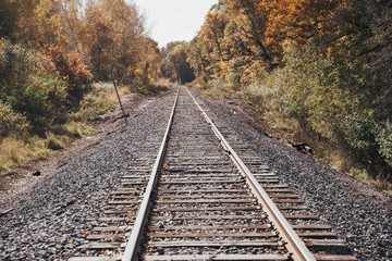 Fototapeta na wymiar Railroad train tracks in rural Minnesota during the fall on a sunny autumn day