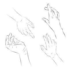 Hand outline collection. Drawn images of hands. Contour human palms, wrists, gestures on a white background. Vector illustration.