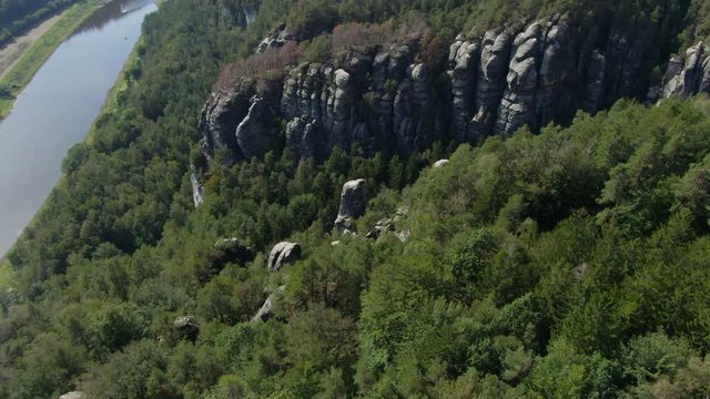 Germany mountain, gorge aerial shot. river at the bottom. Drone