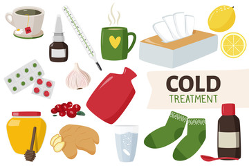 Home treatment and medicines for cold. Vector hand drawn sketch illustration.
