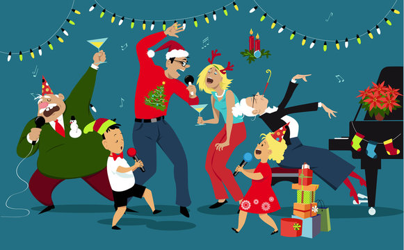 Family singing karaoke, celebrating Christmas and New Year, EPS 8 vector illustration