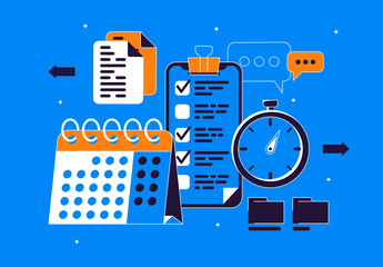 Vector illustration of business planning concept, deadline calendar, clock, document folders