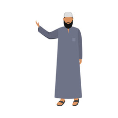 Arab man in traditional ethnic grey wear. Vector illustration in flat cartoon style