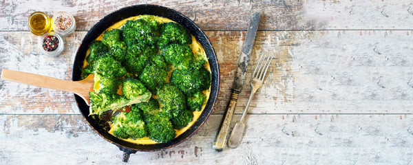 Broccoli omelet. Fresh homemade frittata with broccoli. Keto diet.