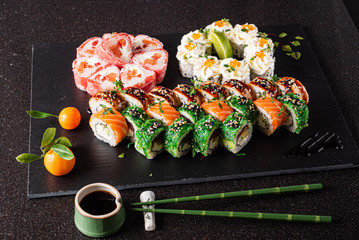 sushi set on the black background