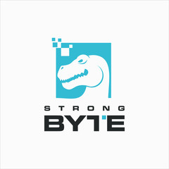 simple tyrannosaurus head and pixelated frame for technology or internet logo design inspiration