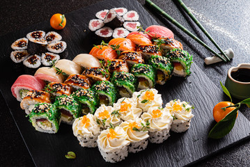 sushi set on the black background