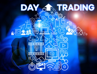 Writing note showing Day Trading. Business concept for securities specifically buying and selling financial instruments Woman wear formal work suit presenting presentation using smart device