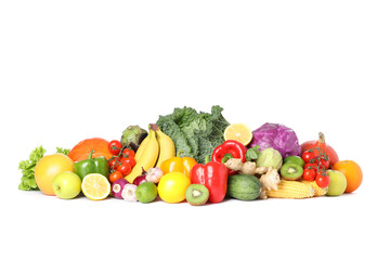 Composition with fresh vegetables and fruits isolated on white background