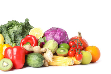 Composition with fresh vegetables and fruits isolated on white background
