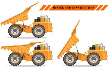 Off-highway truck with different body position. Heavy mining machine and construction equipment. Vector illustration.