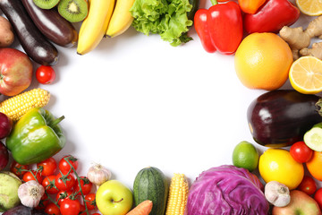 Composition with ripe vegetables and fruits isolated. Top view