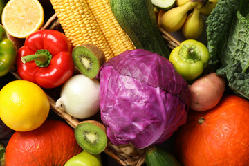 Vegetables and fruits texture on whole background, close up