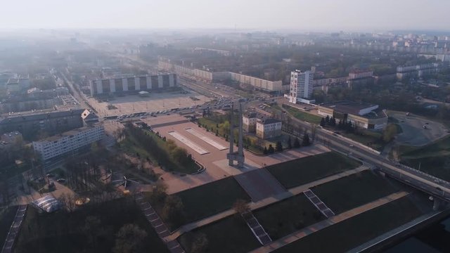 Vitebsk, Belarus, 2019. Monument Three bayonets devoted to heroes of World War 2 and Great Patriotic War. Aerial view, drone footage