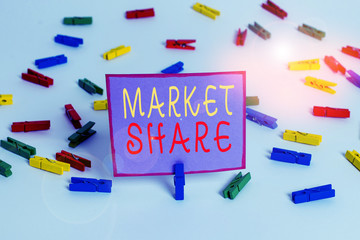 Conceptual hand writing showing Market Share. Concept meaning The portion of a market controlled by a particular company Colored clothespin papers empty reminder white floor office