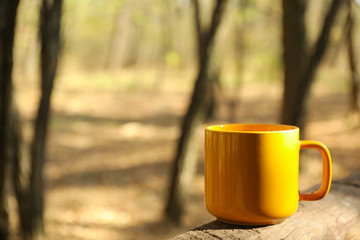 Yellow cup on board. Beautiful forest, space for text