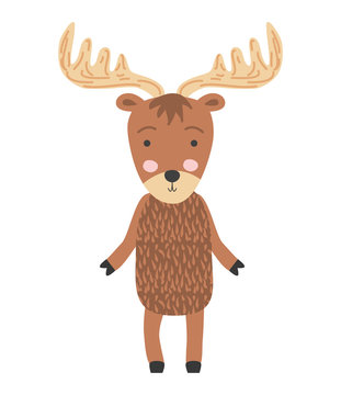 Cute moose flat hand drawn illustration. Forest fauna. Zoo mammal. Elk clipart. Postcard, kids book design