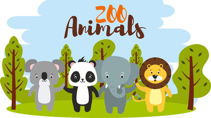 Set of cute zoo cartoon animal on the background with blue sky and green forest