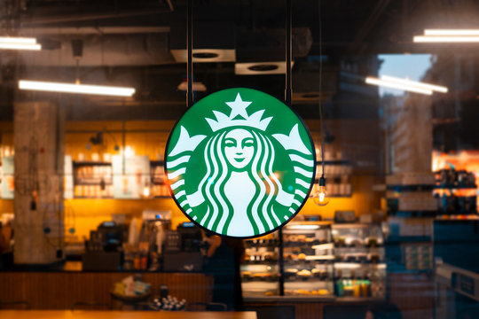 Melbourne, Australia - August 20, 2019: Sign Starbucks Coffee. Company signboard Starbucks Coffee.