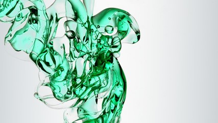 transparent petrol, green blue oil bubbles and fluid shapes in purified water on a white gradient background. Side angle with crystal colored bubbles in purified water cosmetic backdrop with copy spac
