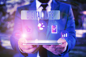 Word writing text Digital Life. Business photo showcasing Living in a world interconnected through Internet Multimedia Male human wear formal work suit presenting presentation using smart device