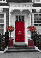 Red Front Door. Black and white picture with red elements.