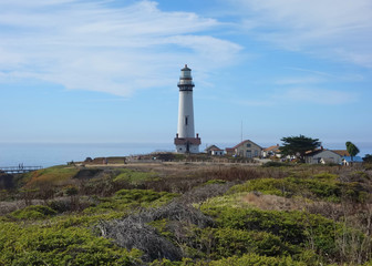 Fototapeta na wymiar Pigeon Point Lighthouse on the California Pacific Ocean coastline showing the outbuildings