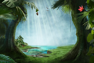 beautiful jungle beach lagoon view with palm trees and tropical leaves, can be used as background