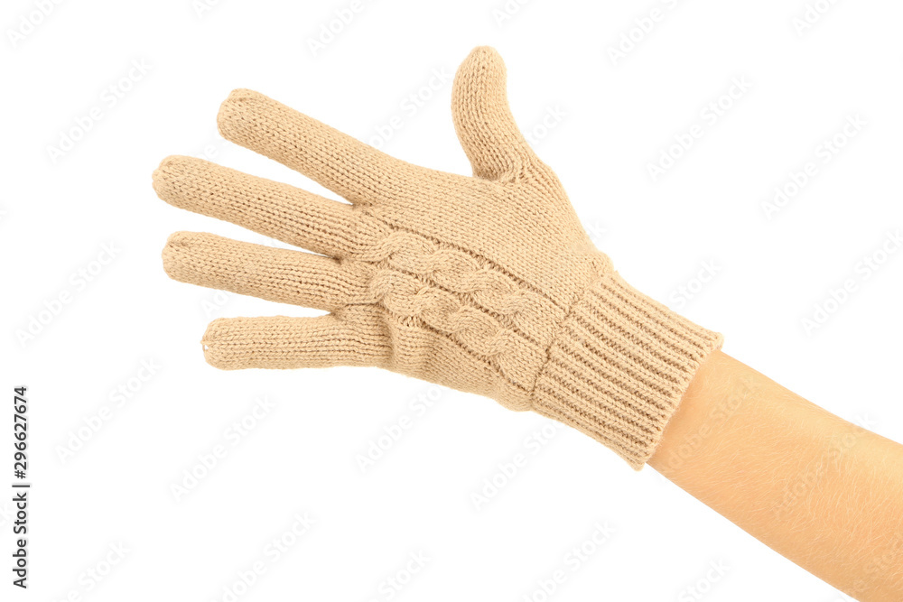 Sticker Hand in knitted mitten on white background