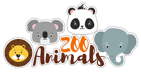 Cute cartoon zoo animals head. Lion, koala, panda, elephant illustration on the white background