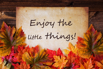 Grungy Old Paper With English Text Enjoy The Little Things. Colorful Autum Decoration With Leaves